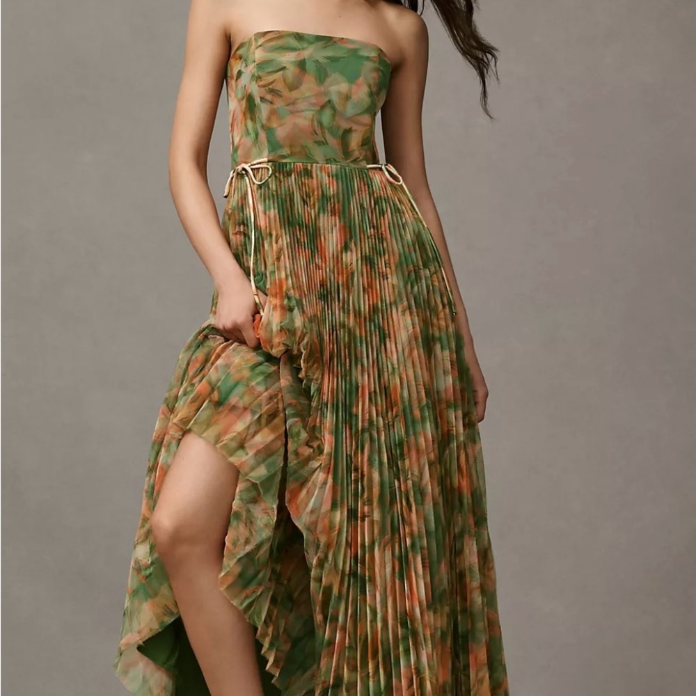 Anthropologie Hutch Costella Strapless Pleated Floral Tulle Midi Dress